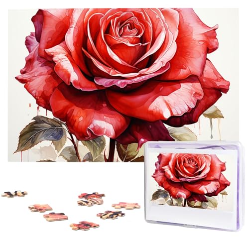 Rote Aquarell-Rosen-Blumen-Puzzle, 1000 Teile, Holz-Puzzle, personalisiertes Bild, Puzzle, individuelle Puzzles für Erwachsene, Hochzeit von VTCTOASY