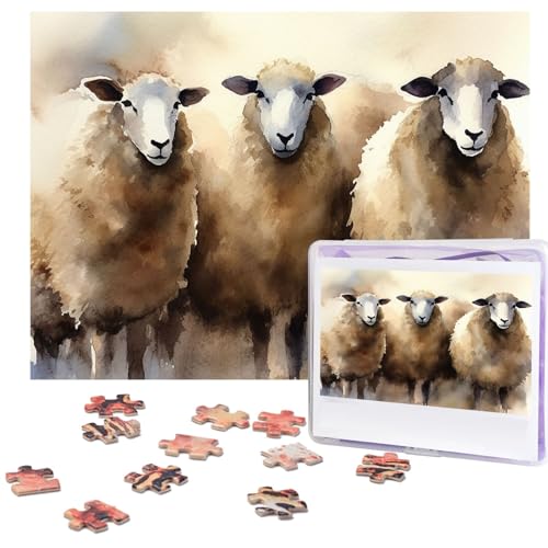 Schaf-Aquarell-Puzzle, 500 Teile, personalisiertes Puzzle mit Aufbewahrungstasche, Foto-Puzzle für Fotos, anspruchsvolles Bilderpuzzle für Familie, Heimdekoration, Puzzle (51,8 x 38,1 cm) von VTCTOASY