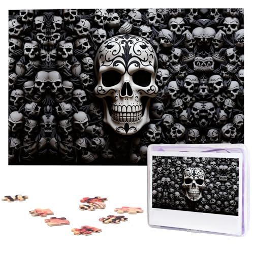 Schwarze und weiße Totenkopf-Puzzles, 1000 Teile, personalisiertes Puzzle mit Aufbewahrungstasche, Foto-Puzzle für Fotos, anspruchsvolles Bilderpuzzle für Familie, Heimdekoration, Puzzle (74,9 x 50 von VTCTOASY