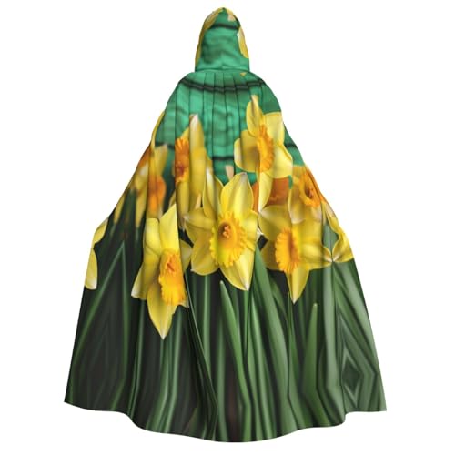 VTCTOASY Kapuzenumhang mit gelbem Narzissen-Blumendruck, Zauberer-Tunika, Halloween, Cosplay-Kostüm für Damen, Schwarz, Einheitsgröße von VTCTOASY