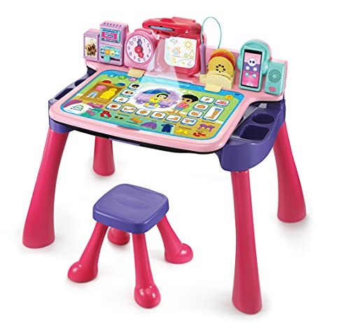 Vtech 5-in-1 Magischer Schreibtisch – Interaktiver Kinderschreibtisch inkl. Hocker – Mit Kreidetafel, Staffelei, Schreibfeld und Projektor – Für Kinder von 3-6 Jahren, pink von Vtech