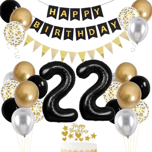 22. Geburtstag Dekorationen für Sie und Ihn, 22. Geburtstag Luftballons mit Zahl 22 Folienballon Schwarz Gold Silber Luftballons Happy Birthday Banner Geburtstag Kuchen Topper für 22. Party von VUCDXOP