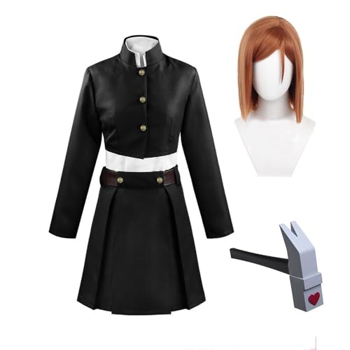 VUEHVO JJK Nobara Kugisaki Kostüm Cosplay Anzug Perücke, Frauen Kleid Erwachsene Rollenspiel Anime Karneval Halloween Party Uniform (Nobara Kugisaki Komplettes Set (Schwarz), L) von VUEHVO