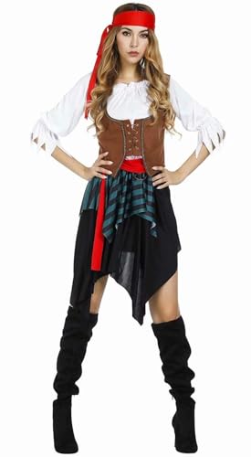 VUEHVO Piratenkostüm für Damen, Halloween, Erwachsene, Piratenkleid, Rock, Freibeuter, lustig, Cosplay, Party, Braun, Größe 3XL von VUEHVO