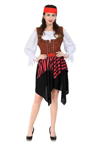 VUEHVO Piratenkostüm für Damen, Halloween, Erwachsene, Piratenkleid, Rock, Freibeuter, lustig, Cosplay, Party, Rot, Größe 3XL von VUEHVO