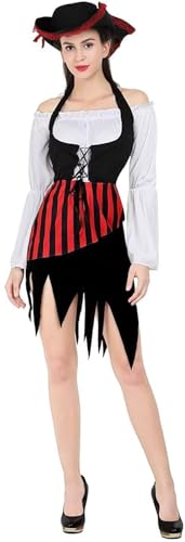 VUEHVO Piratenkostüm für Damen, Halloween, Erwachsene, Piratenkleid, Rock, Freibeuter, lustig, Cosplay, Rollenspiel, Party (Schwarzrot, Größe 3XL) von VUEHVO