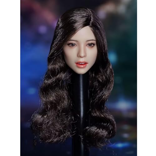 VUSLB 1/6 Scale weiblich Figur Kopf,Asian Girl Expression Planted Hair Kopf Carved for 12inch ActionFigurn Body-E von VUSLB