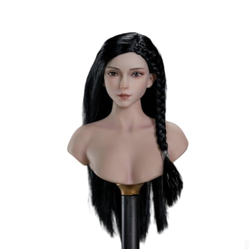 VUSLB SET014 1/6 Scale weiblich militär Kopf Asian Girl Pale Skin Planted Hair with Pigtail Kopf Carved Model fit for 12inch PH TBL JO ActionFigurn Body(Black) von VUSLB