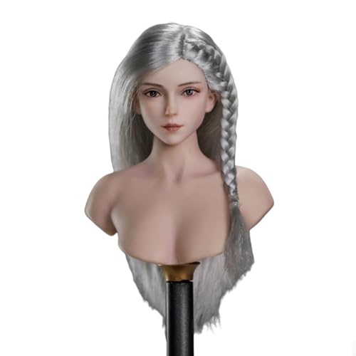 VUSLB SET014 1/6 Scale weiblich militär Kopf Asian Girl Pale Skin Planted Hair with Pigtail Kopf Carved Model fit for 12inch PH TBL JO ActionFigurn Body(Silvery) von VUSLB