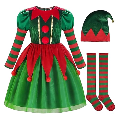 VYLYNL Stirnband-Set, Kostüm für Kinder, Weihnachtsmann, kleiner Helfer, Weihnachtskleid, Anzug für Mädchen, Jungen, Mädchen, passende Outfits (Grün, 8–9 Jahre) von VYLYNL