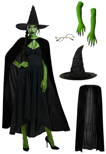 VZQI Wicked Damen Hexenhut, Kostüm, Grün, Film, Cosplay, Halloween, Hexenhut, Umhang, Brille, Handschuhe, Zubehör-Set, 5 Stück VZQI Wicked Damen Hexenhut, Kostüm, Grün, Film, Cosplay, Halloween, Hexenhut, Umhang, Brille, Handschuhe, Zubehör-Set, 5 Stück von VZQI