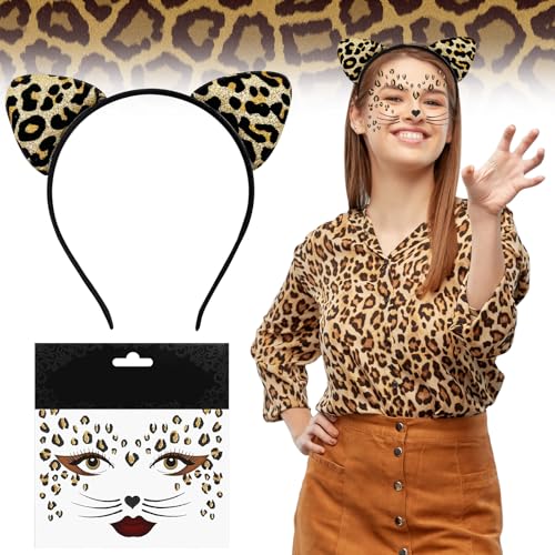 Karneval Leoparden Ohren Haarreif und Leoparden Gesichtstattoo, Leoparden Kostüm Damen Kinder für Fasching Halloween, Glitzer Leopard Face Tattoos Temporäre Leopardenmuster Katzenohren Haarreif Set von VZXQX