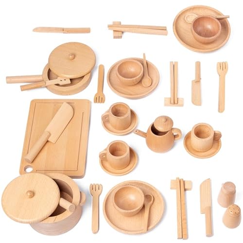 VZZCGJVT Montessori Holzspielzeug Kinder Küche Spielzeug Set, 52 Stück Sensorisches Spielzeug Spielzeug Küche Spielgeschirr und Spiel Essen Spielset von VZZCGJVT