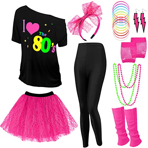 Vabean 19 Stück 80er Jahre Kostüm Set T-Shirt Leggings Tutu Rock Stirnband Halskette Armbänder Ohrringe Handschuhe Beinwärmer für Frauen (Schwarze Leggings, XX-Large) von Vabean