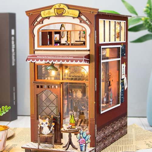 Café Miniatur Puppenhaus mit Licht, DIY Haus Modell Spielzeug, DIY Coffeeshop Book Nook Kit, DIY Haus Modell Spielzeug Kreative Buchstütze Kit, Baukasten für Jugendliche/Erwachsene von Vacclo