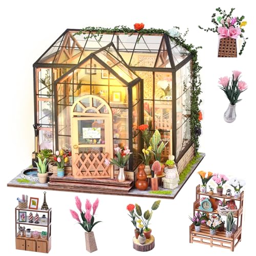 DIY Haus Modell Spielzeug, DIY Miniatur Blumenhaus Gewächshaus mit Licht, Blumenladen Modell, Mini DIY Handwerk Holz Haus Modell Set, Gebäude Puzzle Geburtstagsgeschenk für Jugendliche/Erwachsene von Vacclo