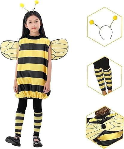 Vacclo Bienenkostüm für Erwachsene und Kinder, 4er Set Honigbiene Kleid, mit Flügeln, Socken, Handschuhen, Stirnband, Biene Kostüm Cosplay Kostüm Set für Karneval (Biene, Adults, (Höhe - 155-165 cm)) von Vacclo