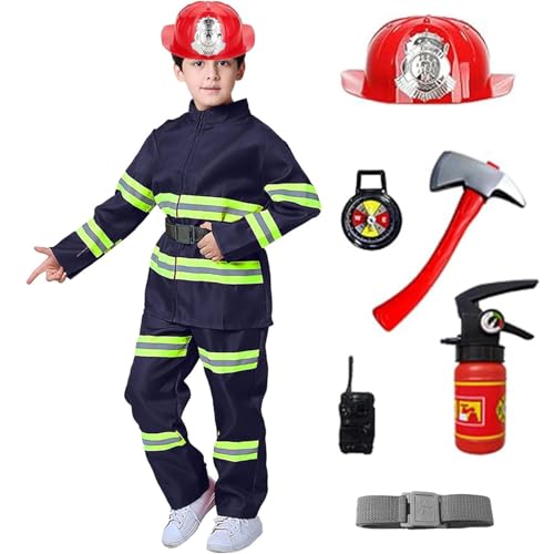 Vacclo Feuerwehr Kostüm Kinder - 8 Teiliges Feuerwehrmann Kostüm Kinder, Kinder Feuerwehr Rollenspiel Set, für Kinder Cosplay Faschingskostüm Rollenspiel Spielzeug Zubehör (Navy, Height-100cm) von Vacclo