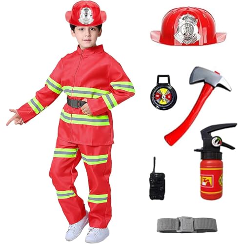 Vacclo Feuerwehr Kostüm Kinder - 8 Teiliges Feuerwehrmann Kostüm Kinder, Kinder Feuerwehr Rollenspiel Set, für Kinder Cosplay Faschingskostüm Rollenspiel Spielzeug Zubehör (Red, Height-100cm) von Vacclo