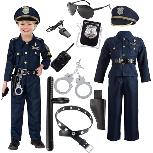 Vacclo Polizei Kostüm Kinder - 7/11 Sets Polizistenkostüm, Cosplay Polizei Polizeikostüm für Kinder mit Zubehör, Polizei Spielzeug für Jungen Halloween Karneval (11 Sets, L (120-130CM)) von Vacclo