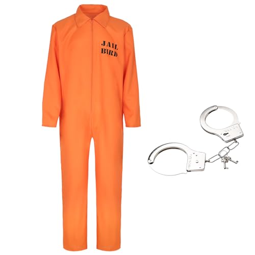 Vacclo Sträfling Kostüm Herren - Prisoner Overall Kostüm Orange, Gefangener Kostüm Orange, Häftling Kostüm Herren mit Handschellen, Faschingskostüme, für Erwachsene Cosplay Karneval (L-Stil A) von Vacclo