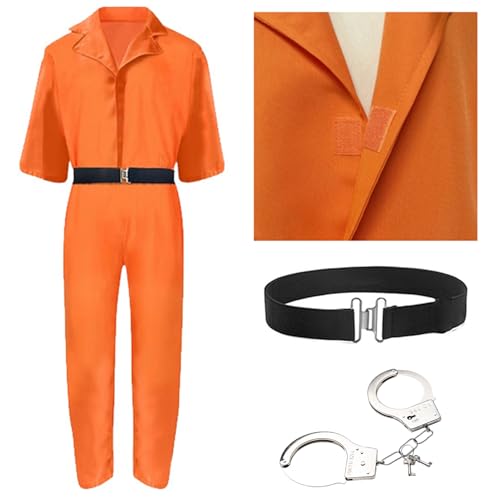 Vacclo Sträfling Kostüm Herren - Prisoner Overall Kostüm Orange, Gefangener Kostüm Orange, Häftling Kostüm Herren mit Handschellen, Faschingskostüme, für Erwachsene Cosplay Karneval (L-Stil B) von Vacclo