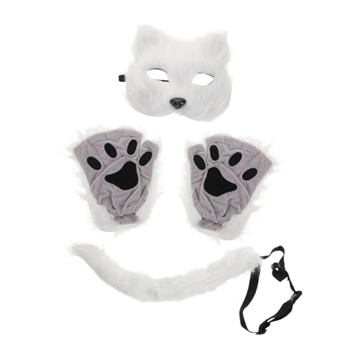 Vaguelly 1 Satz Halloween-maske Tiermasken Katzenhandschuhe Kostüm Zubehör Für Katzenkostüme Zubehör Für Tierkostüme Cosplay-maske Pelzige Pfoten Flauschige Maske Heckstütze Weiß Kunstpelz von Vaguelly