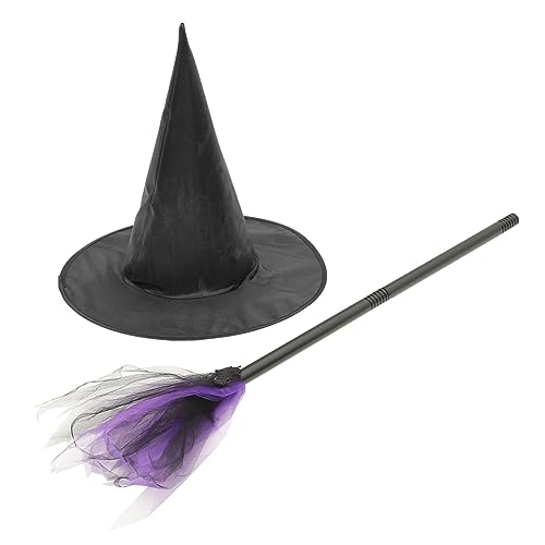 Vaguelly 1 Satz Zaubererhut Besen Zubehör Für Hexenkostüme Halloween Hexenkostüme Märchenhaftes Hexenkostüm Halloween-Dekoration Halloween-Hut Und Besen Hexen-Cosplay Stoff Violett von Vaguelly