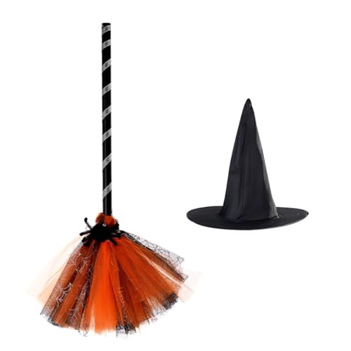 Vaguelly 1 Satz Zauberhut Besen Mantel Tür Hexen Besenstiel Erwachsener Hexenbesen Halloweenkostüm Hexenhut Und Besen Masken Party Cosplay Ecke Spinnennetz-Ornament Orange Stoff von Vaguelly