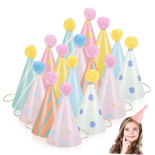 Vaguelly 16 Stücke Partyhüte Geburtstagsparty Papierhüte Pompom Party Caps Geburtstag Kappen Party Styling Requisiten Urlaub Kopfbedeckungen von Vaguelly