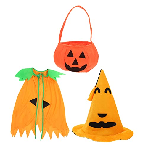 Vaguelly 3 Sätze Halloween-Kürbis-Schalen Halloween Costume Halloween Kleidung Gesichtsmaske Halloween Halloween-Cosplay-Outfit Kürbis Kostüm Anzug Kürbis-Umhang Kürbistasche Kap Stoff von Vaguelly