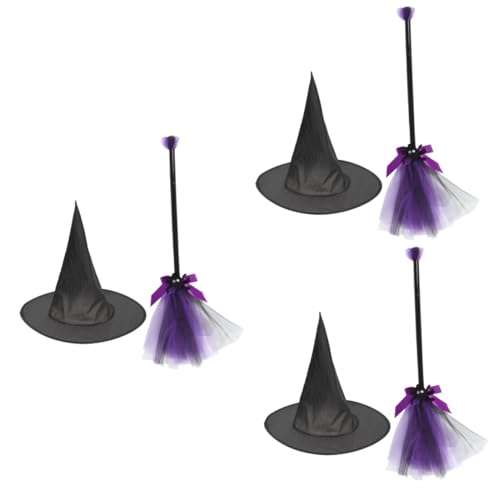 Vaguelly 3 Sätze Zauberbesen Hexenhut Schwarz Schwarzes Outfit Halloween Kostüm Hexenhut Halloween-puppendekoration Hexenhut Kinder Hexenkostüm Requisite Hexenbesen Oxford-stoff Violett von Vaguelly