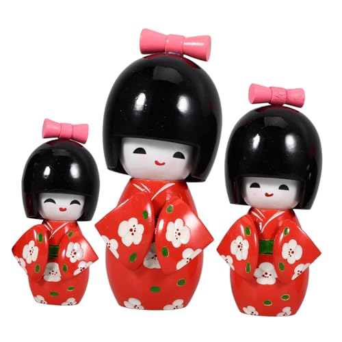 Vaguelly 3St Kimono Puppen Puppe orientalische Maiko-Puppe asiatische Skulptur holzspielzeug holzpuppe Kimono-Puppe für den Innenbereich Puppenmodell für kleine Mädchen hölzern rot von Vaguelly