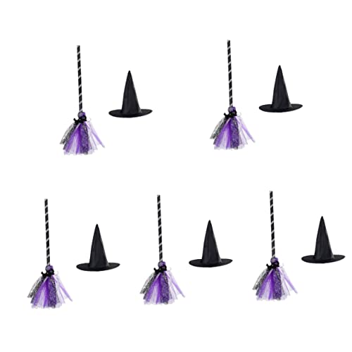 Vaguelly 5 Sätze Zauberhut Besen Hexenbesen Motorhaube für Kinder Halloween Dekoration Halloween-Dekoration Hüte dekorative Hutbesenstütze Halloween-Cosplay-Requisiten Gittergewebe Violett von Vaguelly