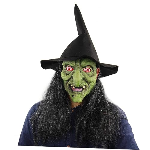 Vaguelly Halloween Gruselige Hexenmaske Mit Grünem Haar Für Schaurige Kostümpartys Horrormasken Für Karneval Und Cosplay Ideal Für Halloween Events Und Schreckliche Auftritte von Vaguelly