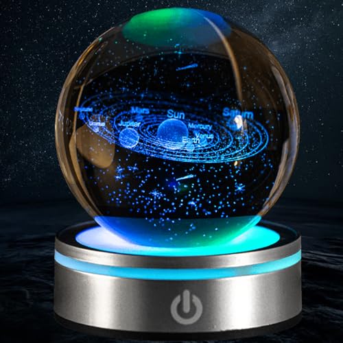 3D Sonnensystem Kristallkugel, Kristallkugel mit LED Bunte Nachtlicht, Glaskugel mit Touch Lampensockel, Astronomie Modell Dekor, Leuchtende Kristallkugel-Ornament, Geschenk für Kinder Freunde Paar von Vaileal