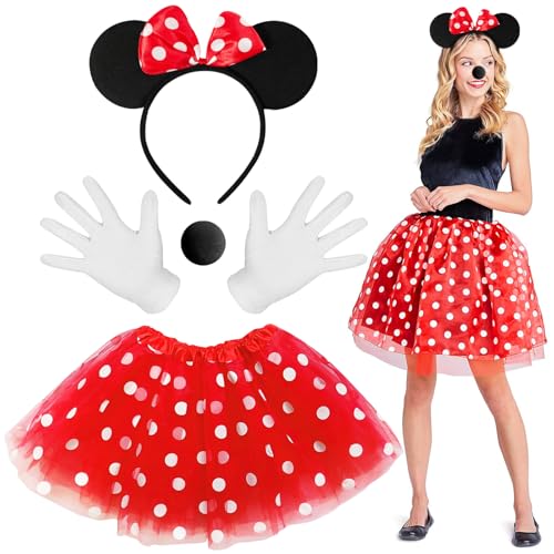 Vakki Minnie Maus FaschingskostüMe Damen, Karneval KostüM Damen Tutu TüLlrock+Mickey Maus Ohren+Handschuhe+Nase FaschingskostüMe Perfekt FüR Mode Karneval Motto Cosplay Party von Vakki