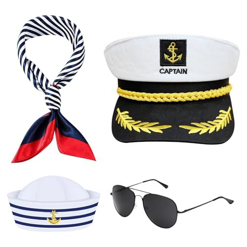 4 Stück Yacht Kapitän Kostüm Set mit Yachtkapitänsmütze, Matrosenschiffsmütze Schal Sonnenbrille für Herren und Damen Kapitäns Verkleidungsparty Halloween Mottoparty Weihnachten Karneval von Valicaer