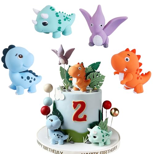 Dinosaurier Geburtstag Skuchen Dekorationen, 4 Stück 3D Dinosaurier Kuchen Dekorationen Nicht Essbare Kuchenaufsätze für Jungen Mädchen Geburtstagsparty Babyparty Partyzubehör von Valicaer