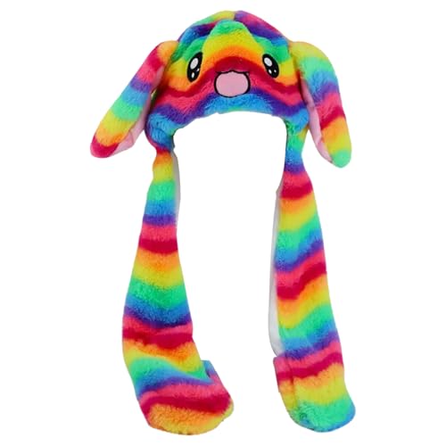 Mütze mit Beweglichen Ohren, Lustige Süße Mütze Plüschmütze mit Beweglichen Ohren Regenbogen Kaninchen für Frauen Männer Cosplay Kostüm Anziehparty Maskerade Weihnachten Geburtstag Geschenk von Valicaer