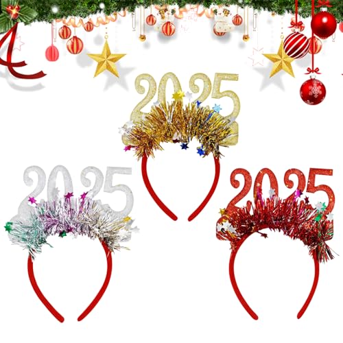 Valicaer 3 Stück Neujahrs Stirnbänder 2025, Frohes Neues Jahr Stirnband Haarschmuck für Silvester Fotoautomaten Requisiten Silvester Stirnband für Silvesterparty Dekorationen Foto Requisiten von Valicaer