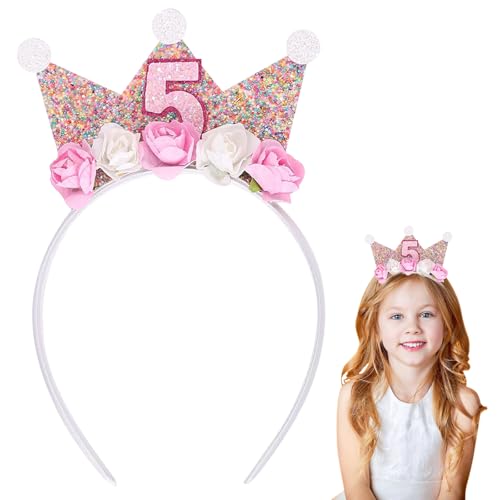 Valicaer Geburtstag Krone Stirnband, Geburtstag Stirnband Mädchen 3/4/5 Jahre alt Rosa Geburtstag Stirnband Blume Prinzessin Tiara für Geburtstagsfeier Haarschmuck Photo Booth Requisiten Versammlung von Valicaer