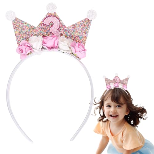 Valicaer Geburtstag Krone Stirnband, Geburtstag Stirnband Mädchen 3/4/5 Jahre alt Rosa Geburtstag Stirnband Blume Prinzessin Tiara für Geburtstagsfeier Haarschmuck Photo Booth Requisiten Versammlung von Valicaer