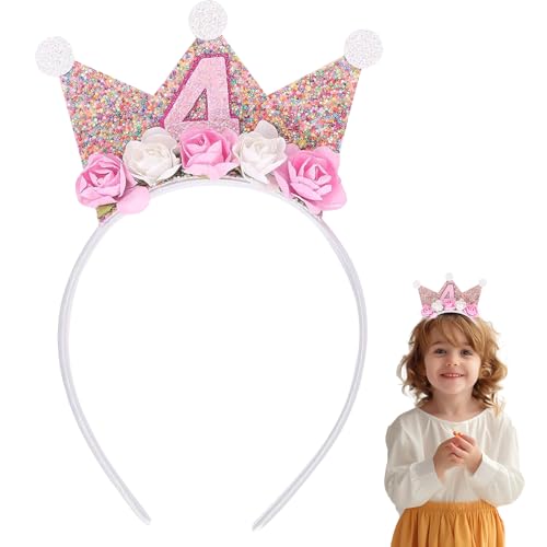 Valicaer Geburtstag Krone Stirnband, Geburtstag Stirnband Mädchen 3/4/5 Jahre alt Rosa Geburtstag Stirnband Blume Prinzessin Tiara für Geburtstagsfeier Haarschmuck Photo Booth Requisiten Versammlung von Valicaer