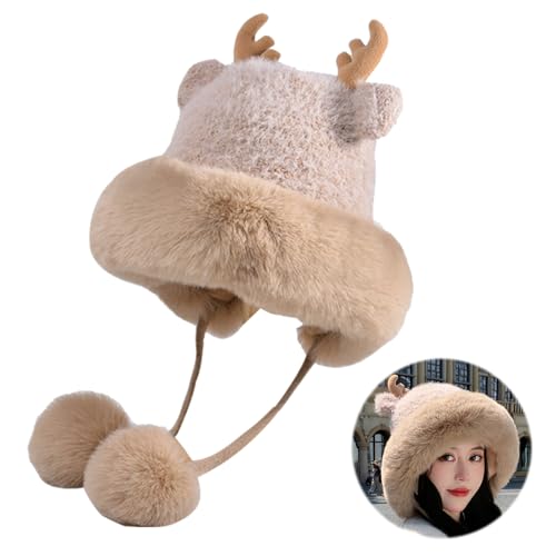 Valicaer Weihnachten Wintermütze mit Bommel, Weihnachtliche Plüsch Geweihmütze Plüschfutter Khaki Skimütze Weihnachts Geschenk für Familie Freunde Liebhaber Kollegen von Valicaer