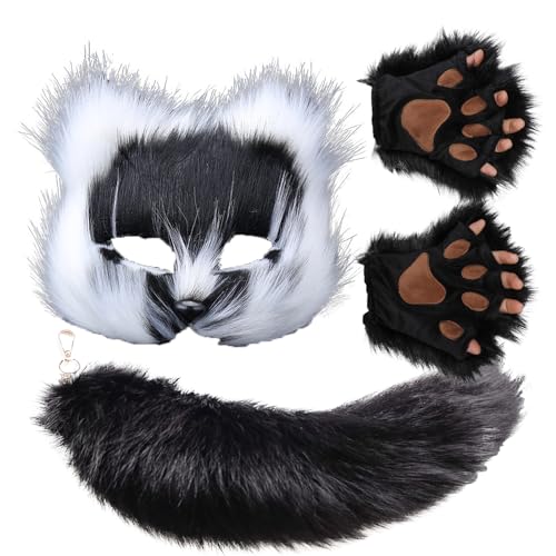 Valpeak Therian Maske und Schwanz-Set für Mädchen, Halloween-Katzenmaske, Schwanz, Cosplay, Fuchsmaske, Wolfsschwanz (schwarzes, dreiteiliges Set) von Valpeak