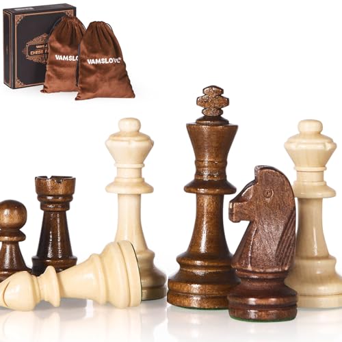 Vamslove Schwere Schachfiguren aus Holz, nur 9,5 cm, King Extra 2 Queens, 34 Holz-Turnier-Schachfiguren für Schachspiel, Samt-Aufbewahrungstaschen im Lieferumfang enthalten von Vamslove