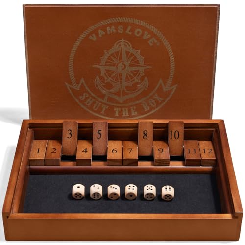 Vamslove Shut The Box Würfelspiel, Holzbrett für 2 Spieler und höher, 12 Zahlen, Mathematik-Spiele mit 6 Würfeln, schließen Sie die Box für Kinder und Erwachsene (Anleitung im Lieferumfang enthalten) von Vamslove