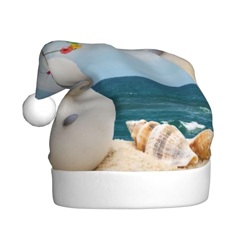 Vanani Schneemann mit Muscheln sitzend am Sandstrand Weihnachtsmütze, Unisex, Plüsch, bequeme Weihnachtsfeierhüte, Neujahrs-Partydekorationen von Vanani