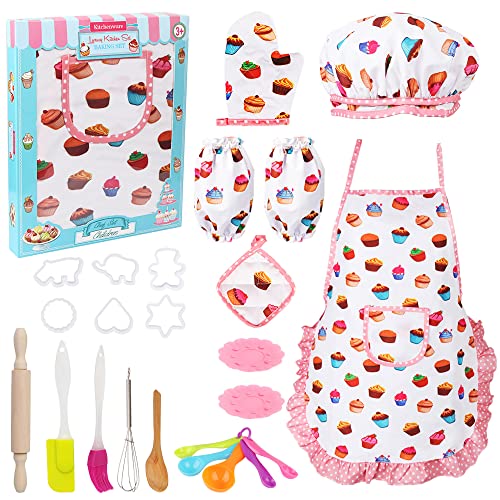 Vanmor Kids Cooking and Baking Sets, 24 Pcs Kids Aprons for Girls Toddler Chefkoch Mütze Schürze Dress Up Chef Kostüm, kleine Mädchen Schürze Sets Pretend Geschenke für 3 4 5 6 7 8 Jahre alte Mädchen von Vanmor